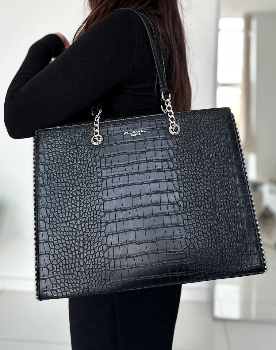 Sac noir croco cabas à détail argenté