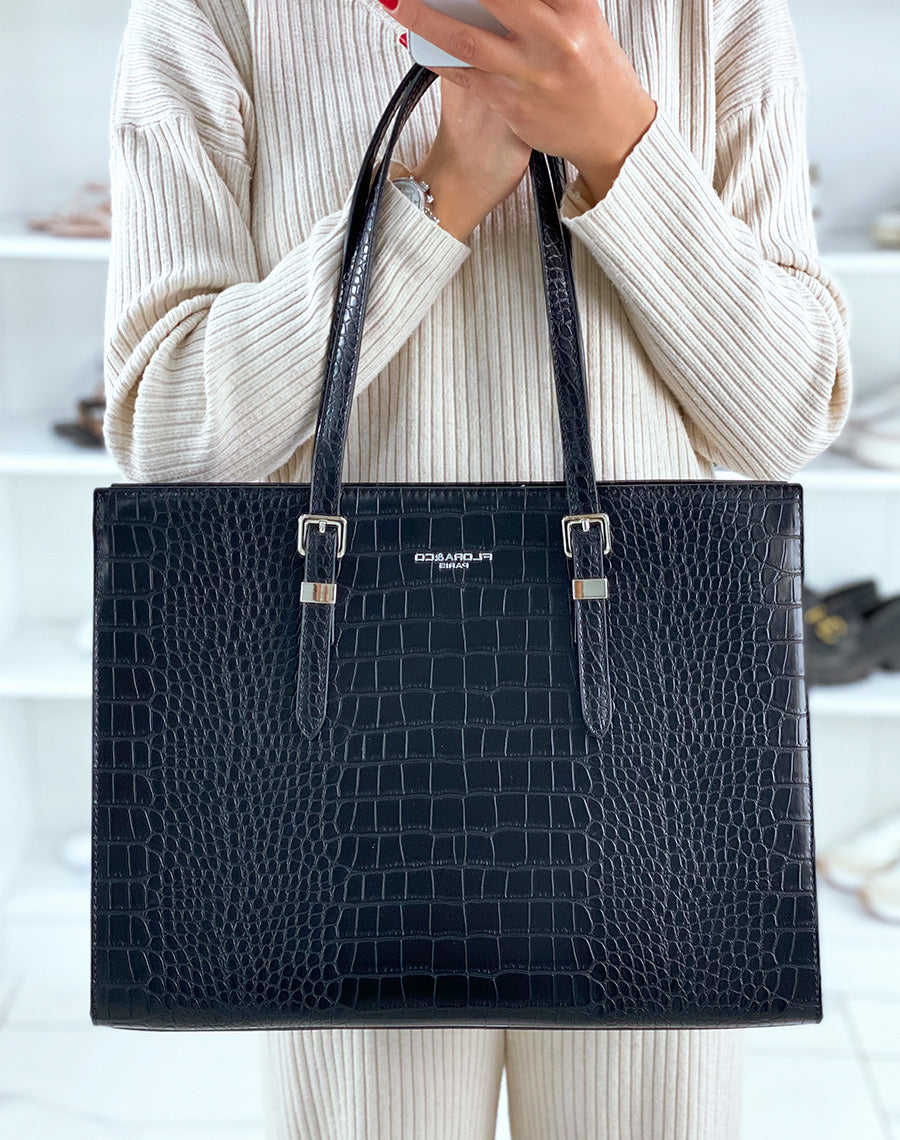 Sac noir croco cabas à détail argenté