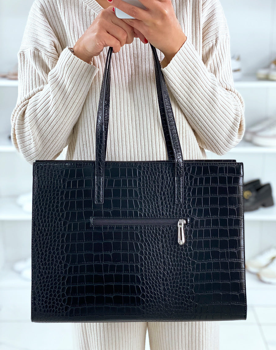 Sac noir croco cabas à détail argenté