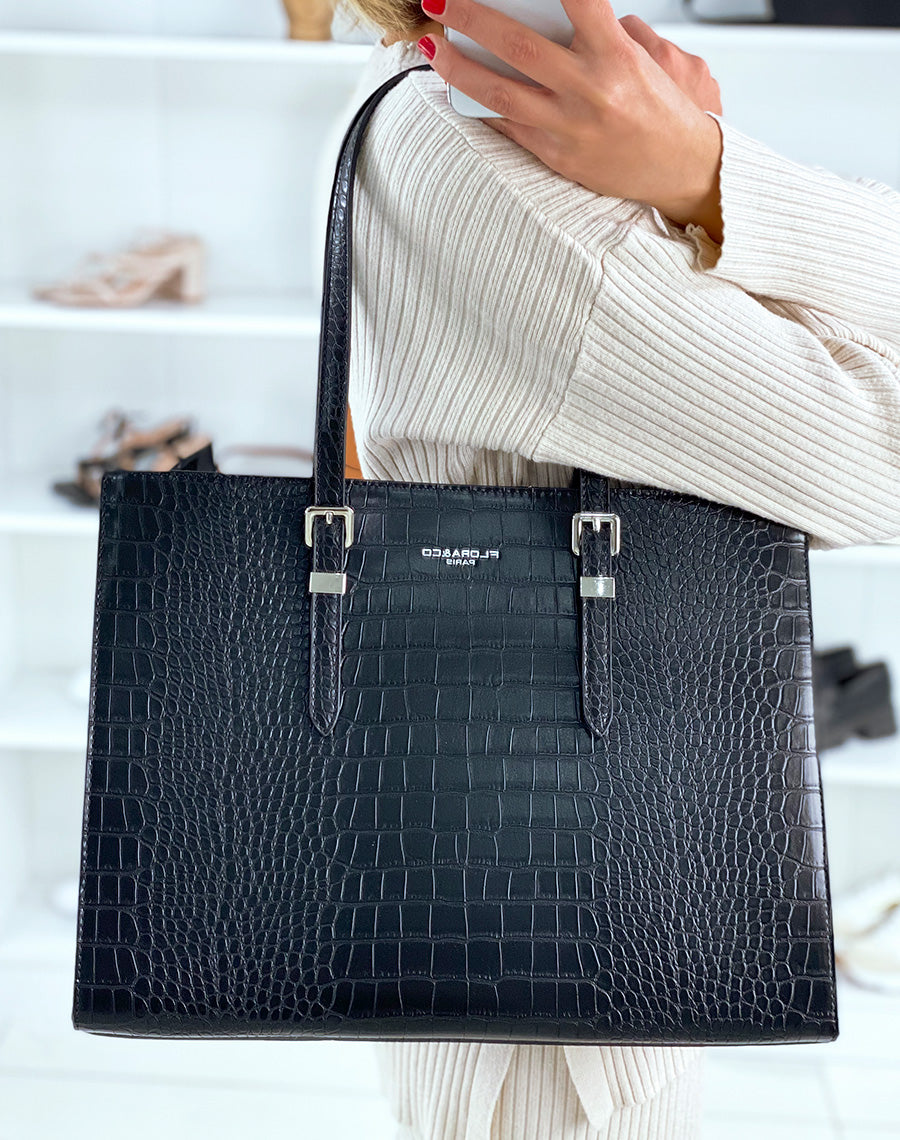 Sac noir croco cabas à détail argenté
