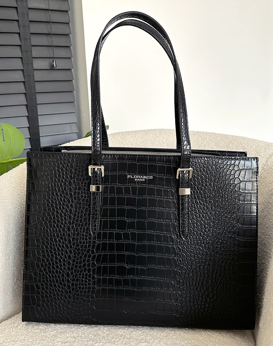 Sac noir croco cabas à détail argenté