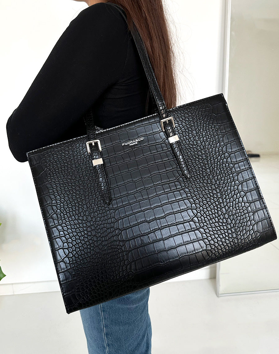 Sac noir croco cabas à détail argenté