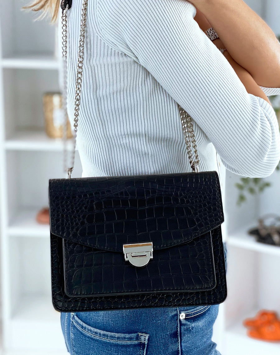 Sac noir effet croco à bandoulière en chaine argentée