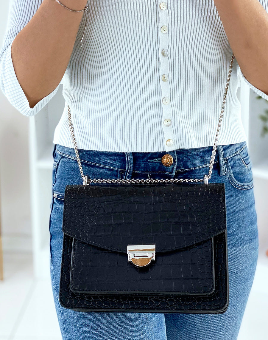 Sac noir effet croco à bandoulière en chaine argentée