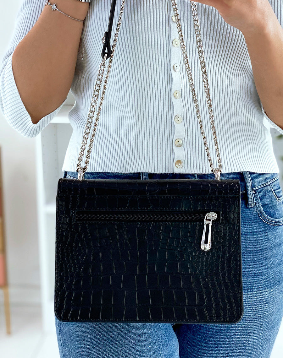 Sac noir effet croco à bandoulière en chaine argentée
