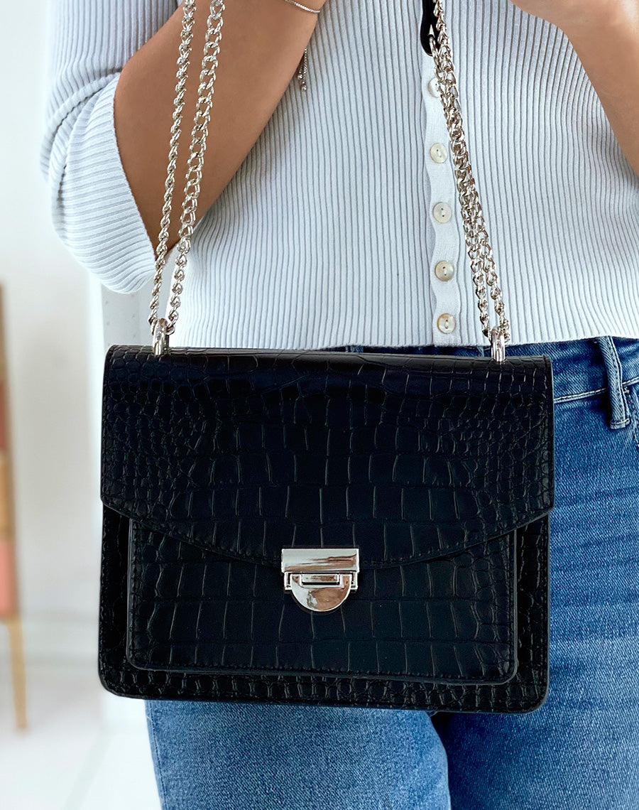 Sac noir effet croco à bandoulière en chaine argentée