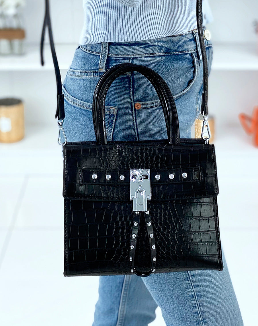 Sac noir effet croco à multiples poches