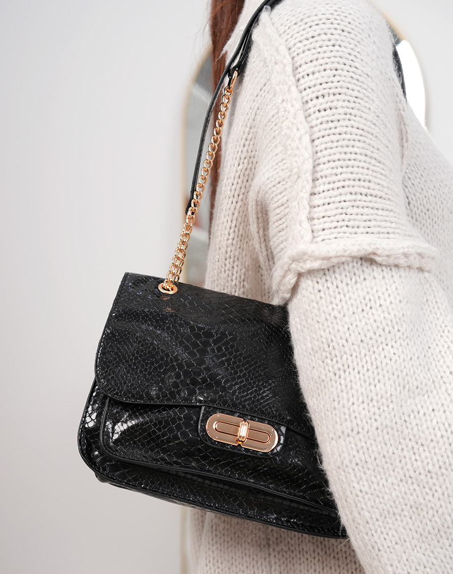 Sac noir vernis effet croco