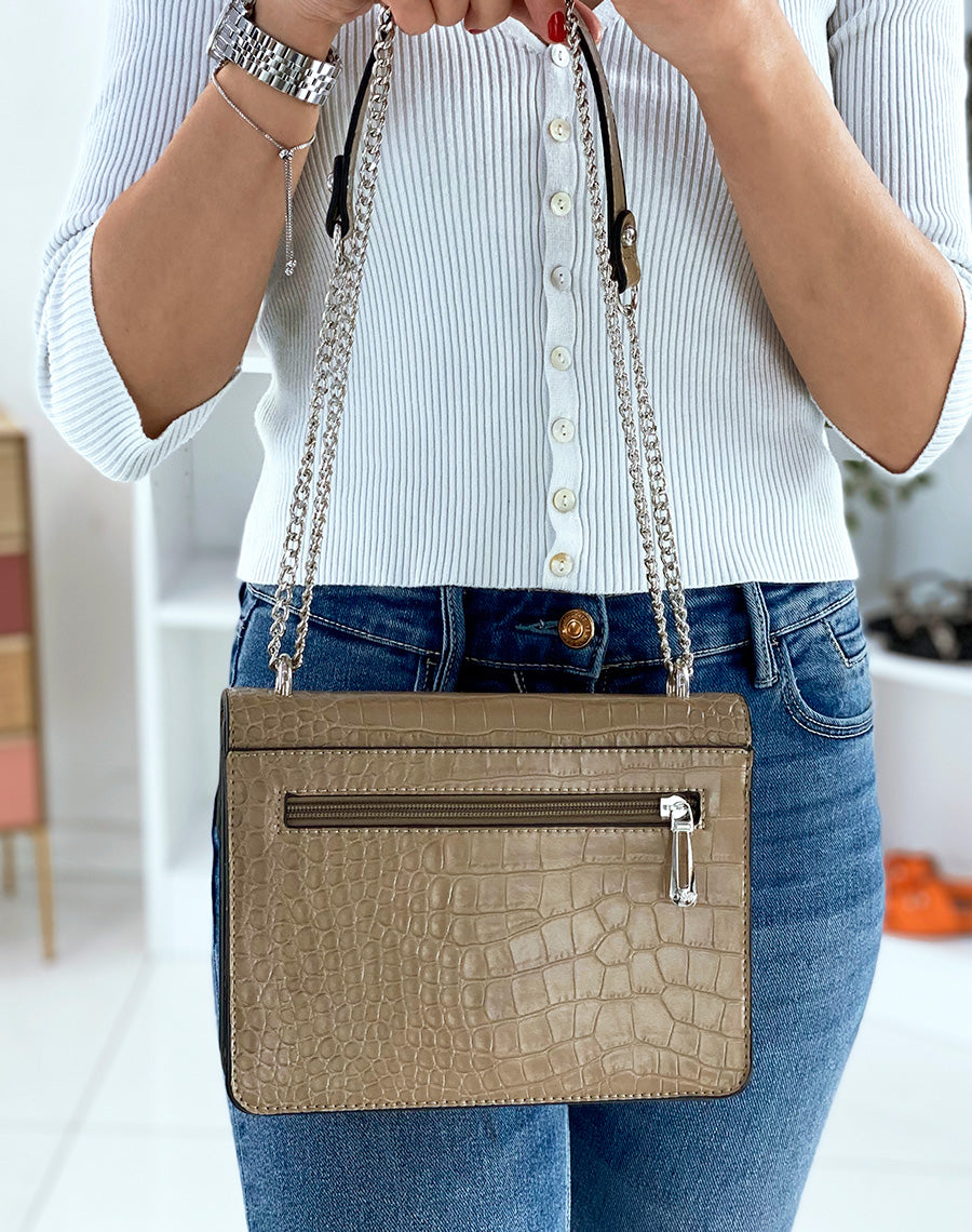 Sac taupe effet croco à bandoulière en chaine argentée