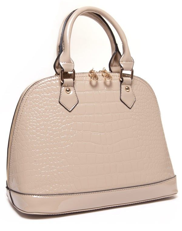 Sac tote beige vernis crocodile avec deux anses courtes
