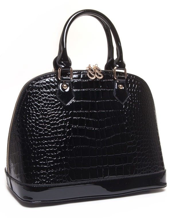 Sac tote noir vernis crocodile avec deux anses courtes