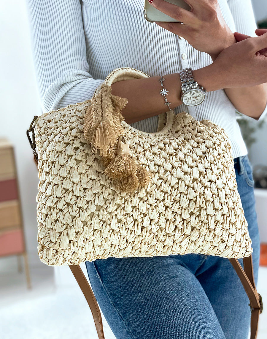Sac tressé en paille beige