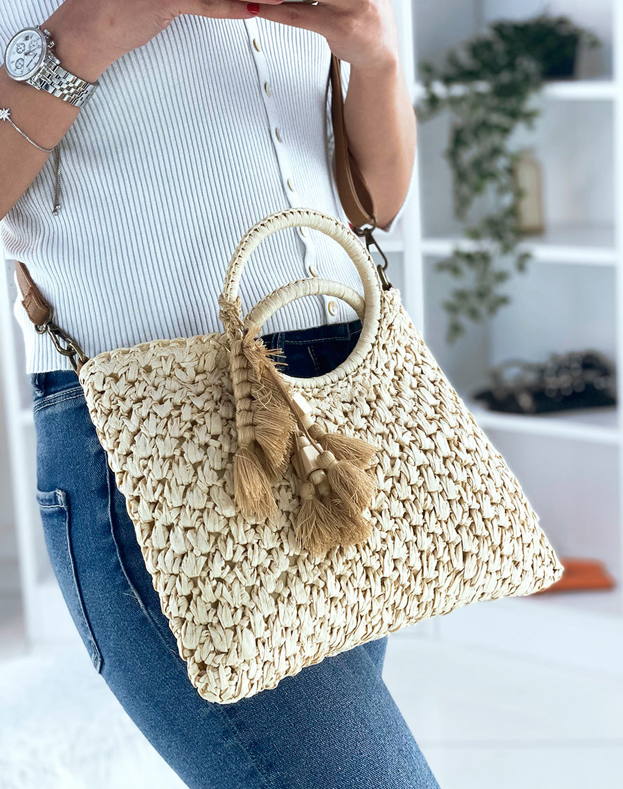 Sac tressé en paille beige