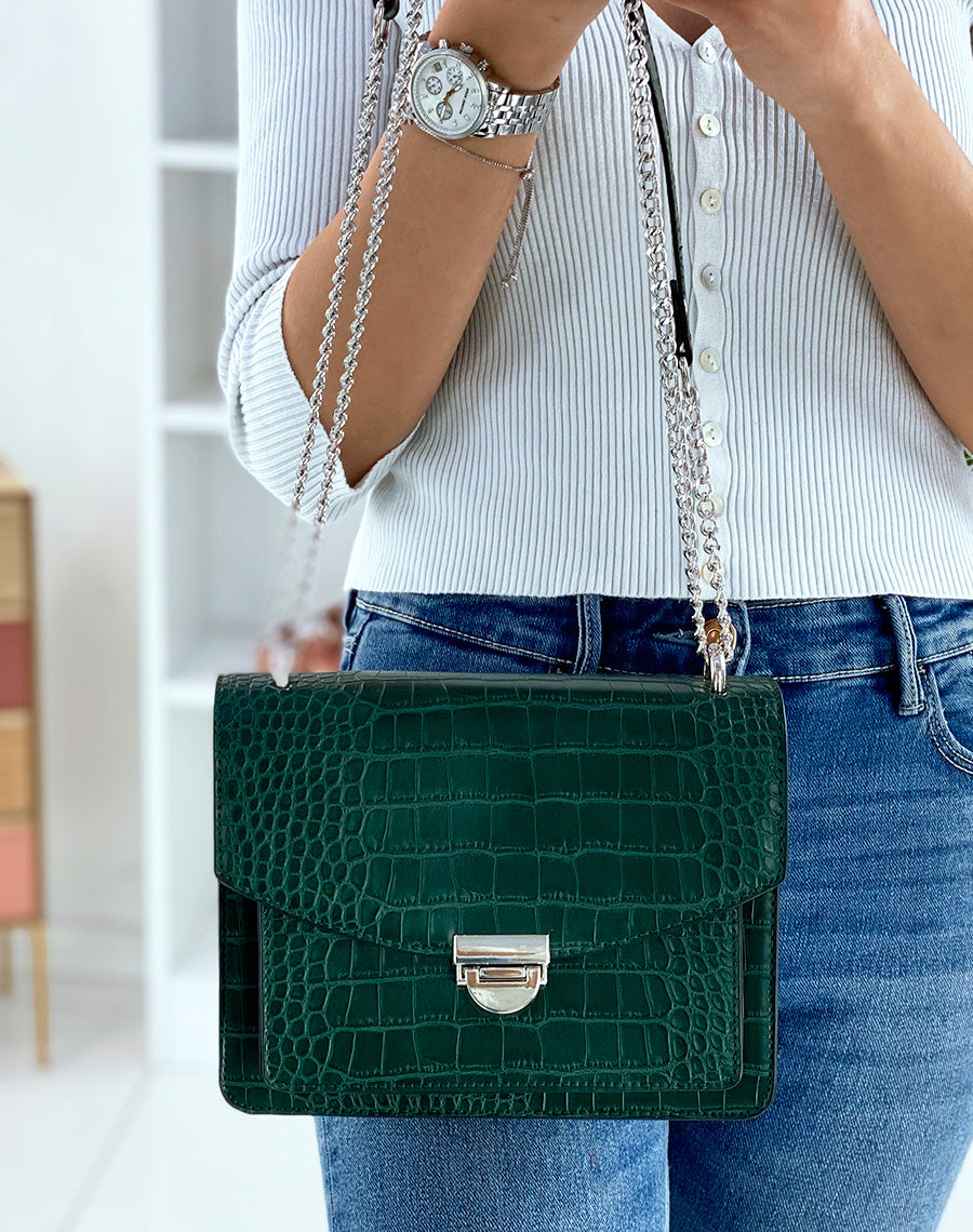 Sac vert effet croco à bandoulière en chaine argentée