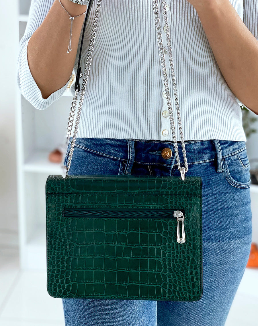 Sac vert effet croco à bandoulière en chaine argentée