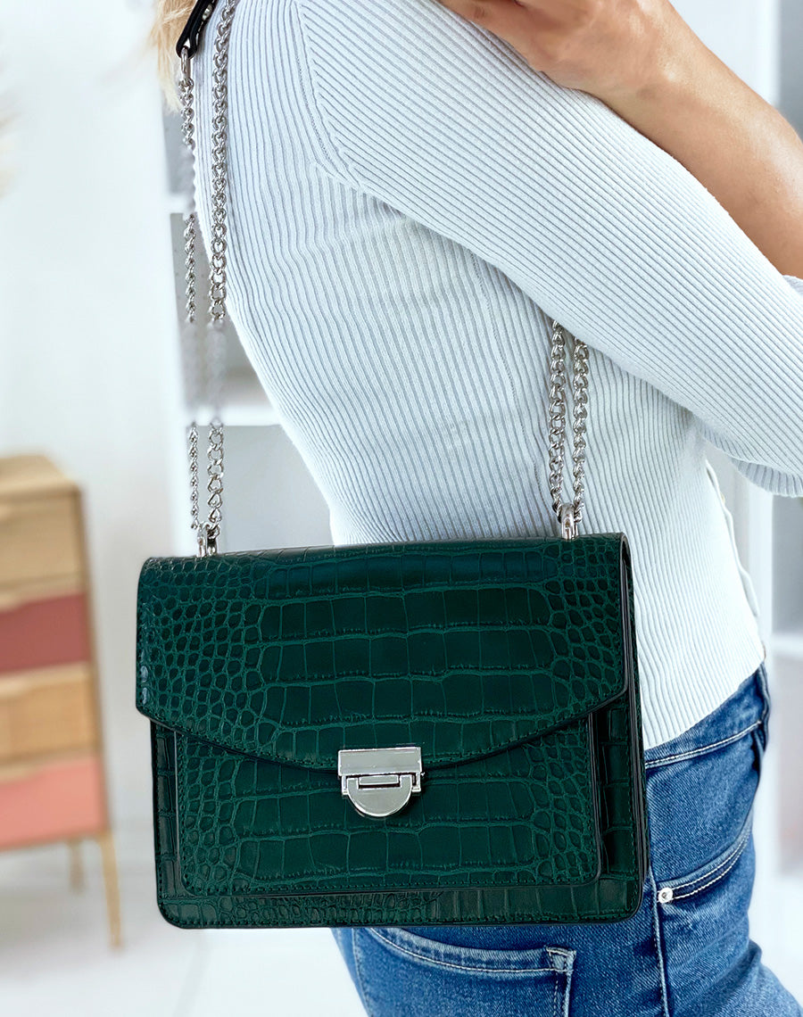 Sac vert effet croco à bandoulière en chaine argentée