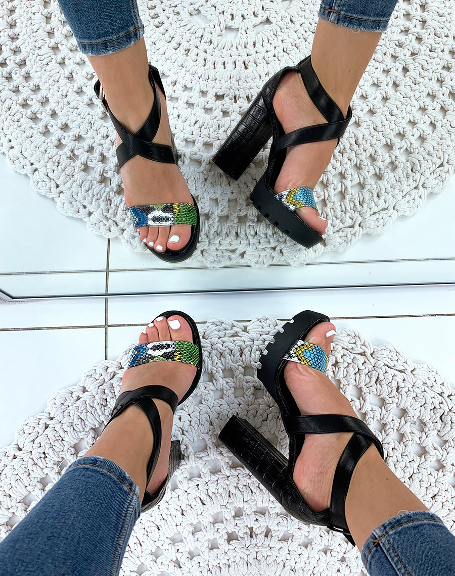 Sandale bride multicolore effet croco et python