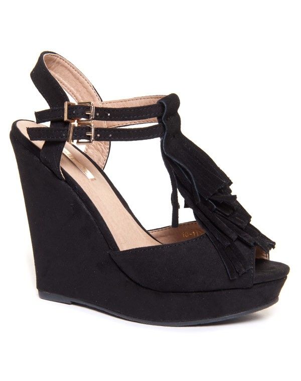 Sandale compensées noires avec frange Bellucci