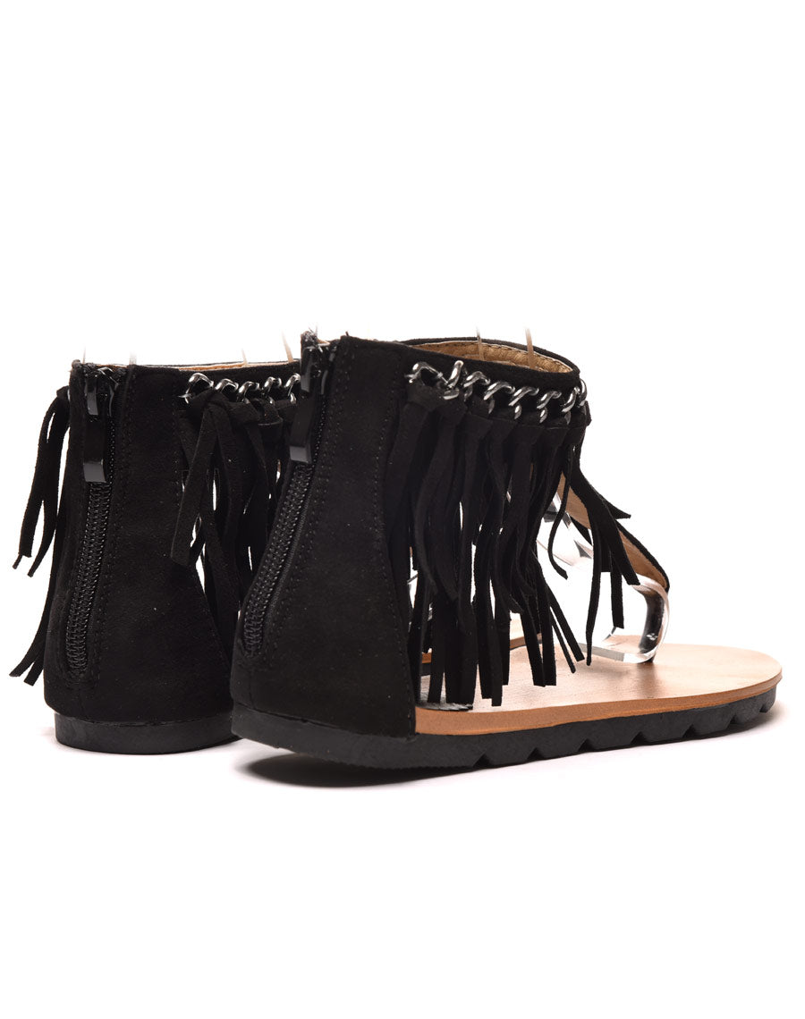 Sandale plate noire avec chaine et frange