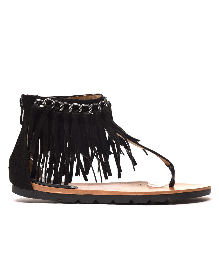 Sandale plate noire avec chaine et frange