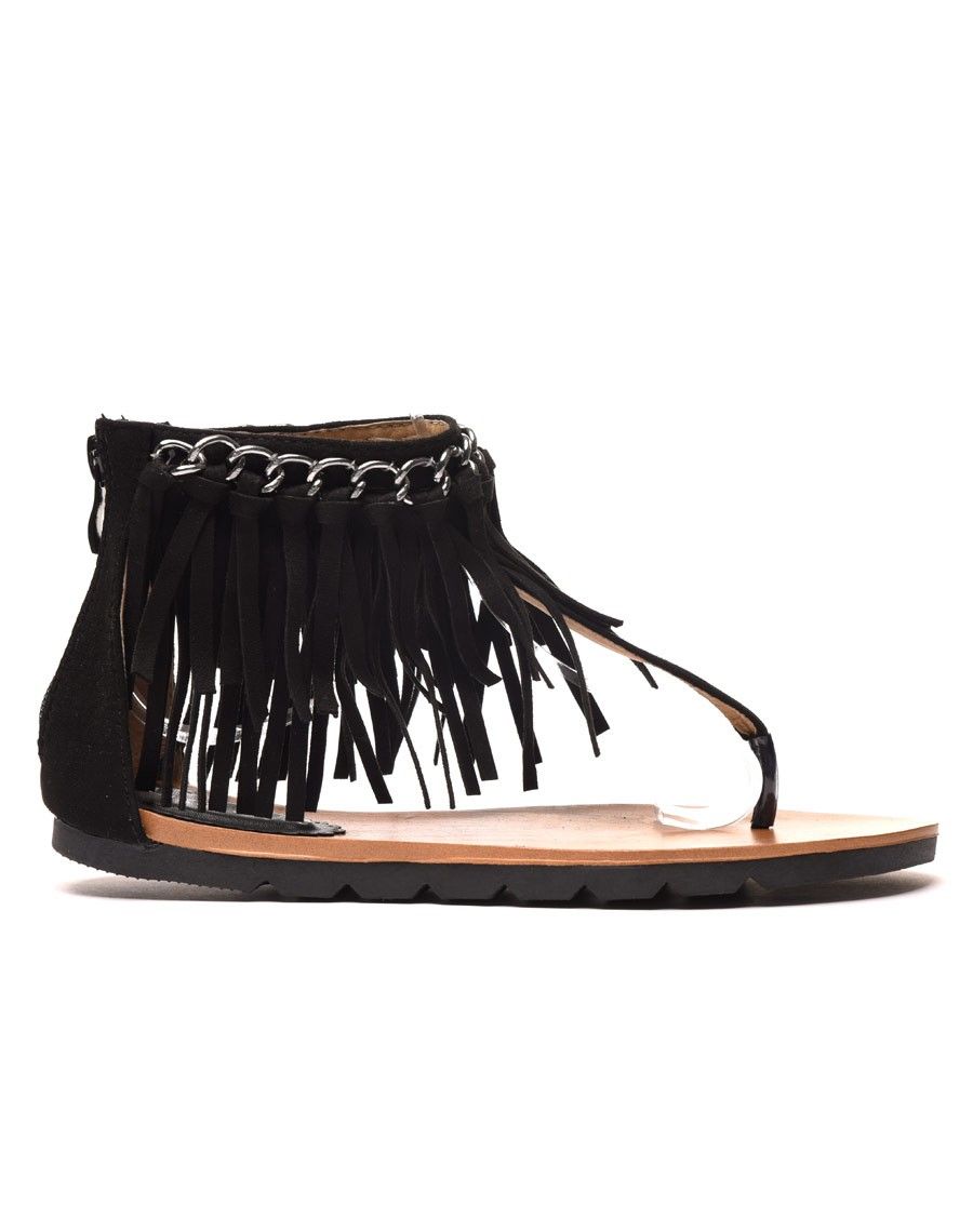 Sandale plate noire avec chaine et frange
