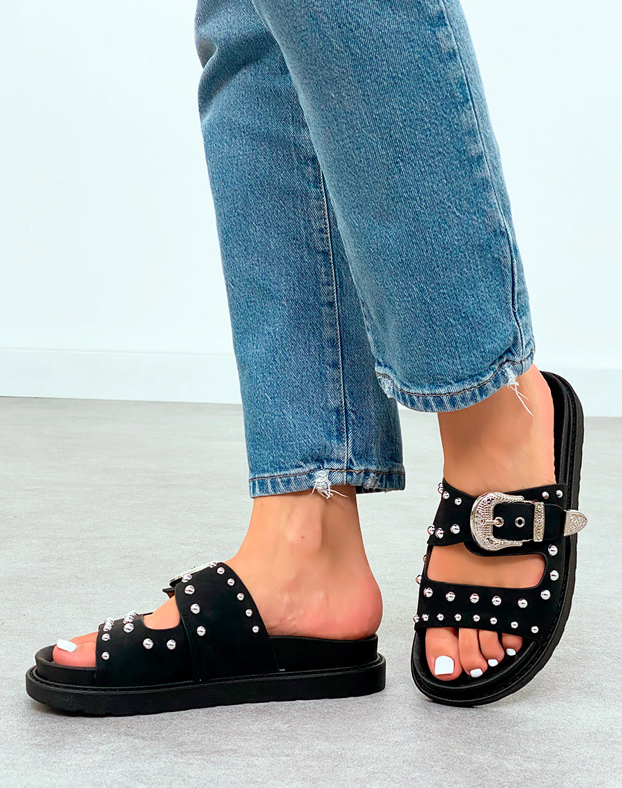 Sandale Plateforme Femme Noires Cloutées à Sangle Argentée