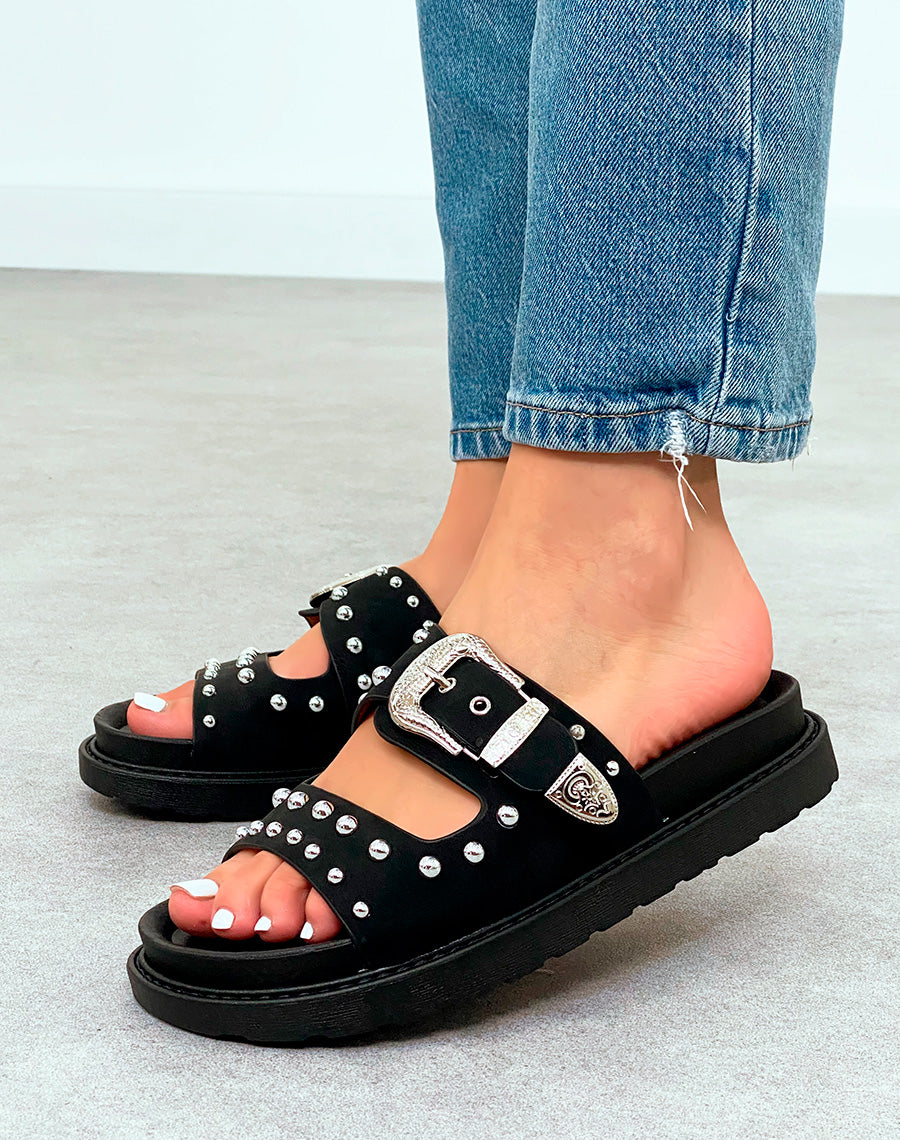 Sandale Plateforme Femme Noires Cloutées à Sangle Argentée