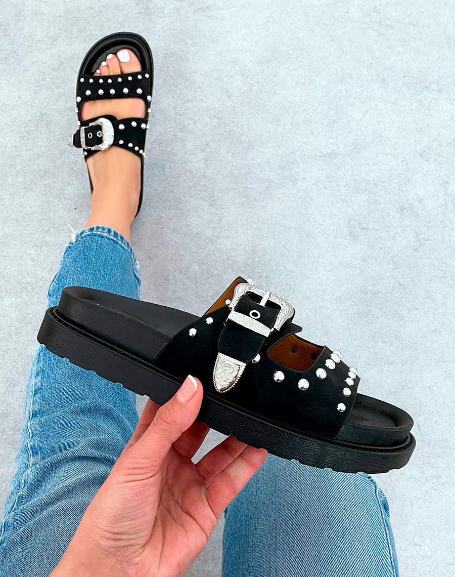 Sandale Plateforme Femme Noires Cloutées à Sangle Argentée