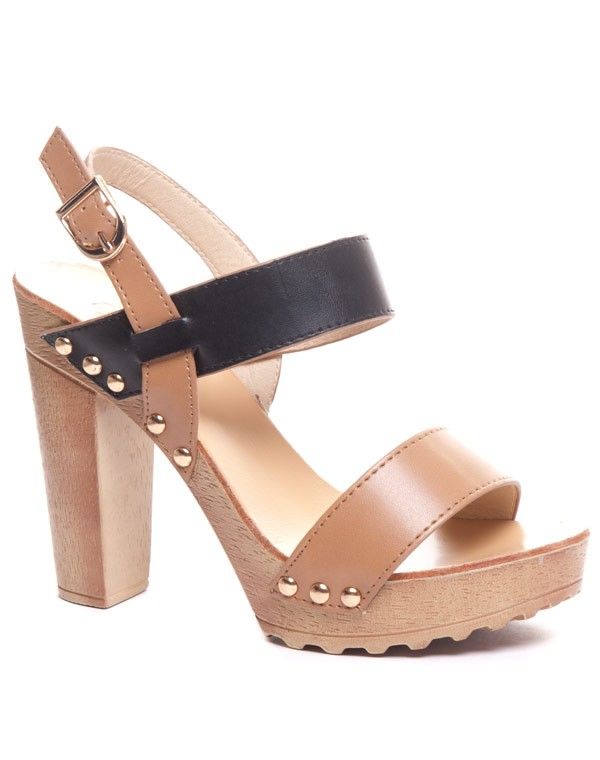 Sandale à talon épais noire et marron