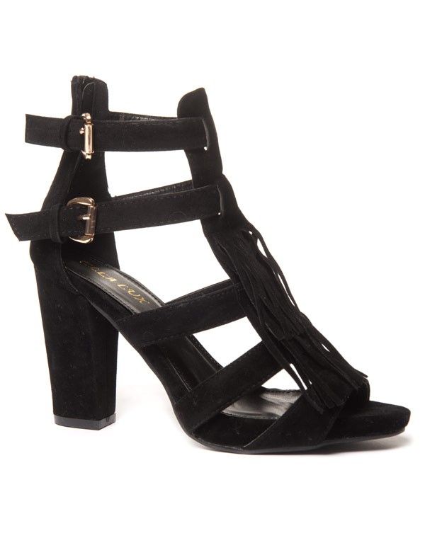 Sandale touché effet suédine noire avec franges