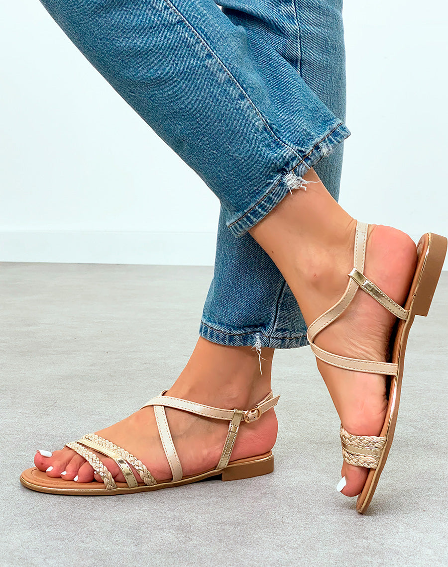 Sandales beige Femme à multiples brides à détail dorée et corde