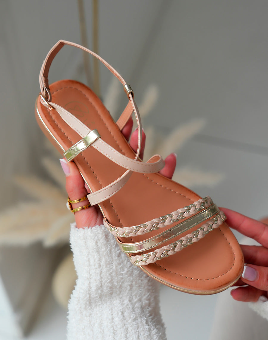 Sandales beige Femme à multiples brides à détail dorée et corde