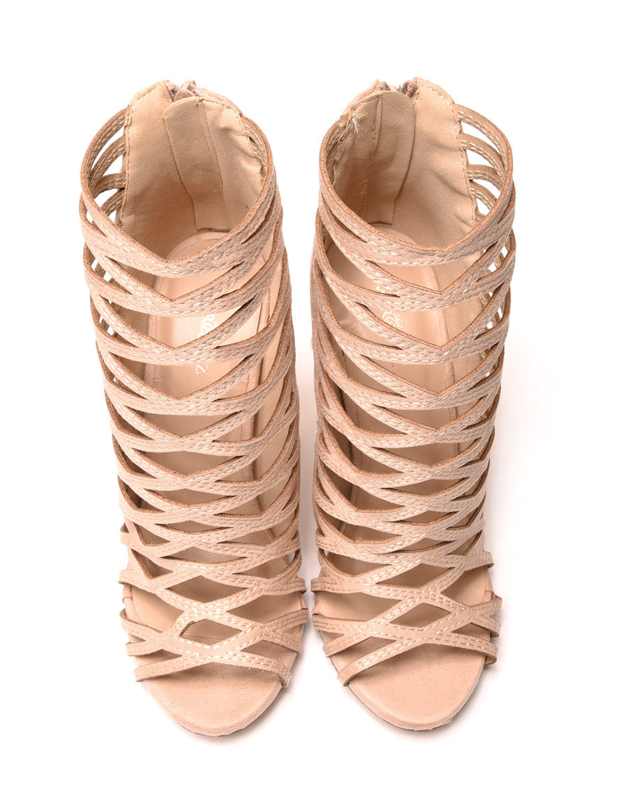 Sandales beiges à talons & multiples lanières croisées