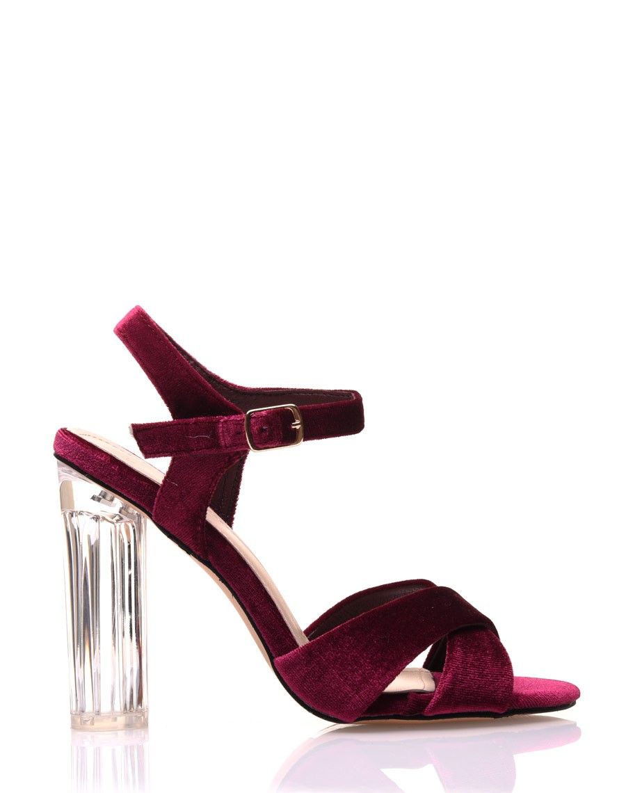 Sandales bordeaux en velours à talons transparents