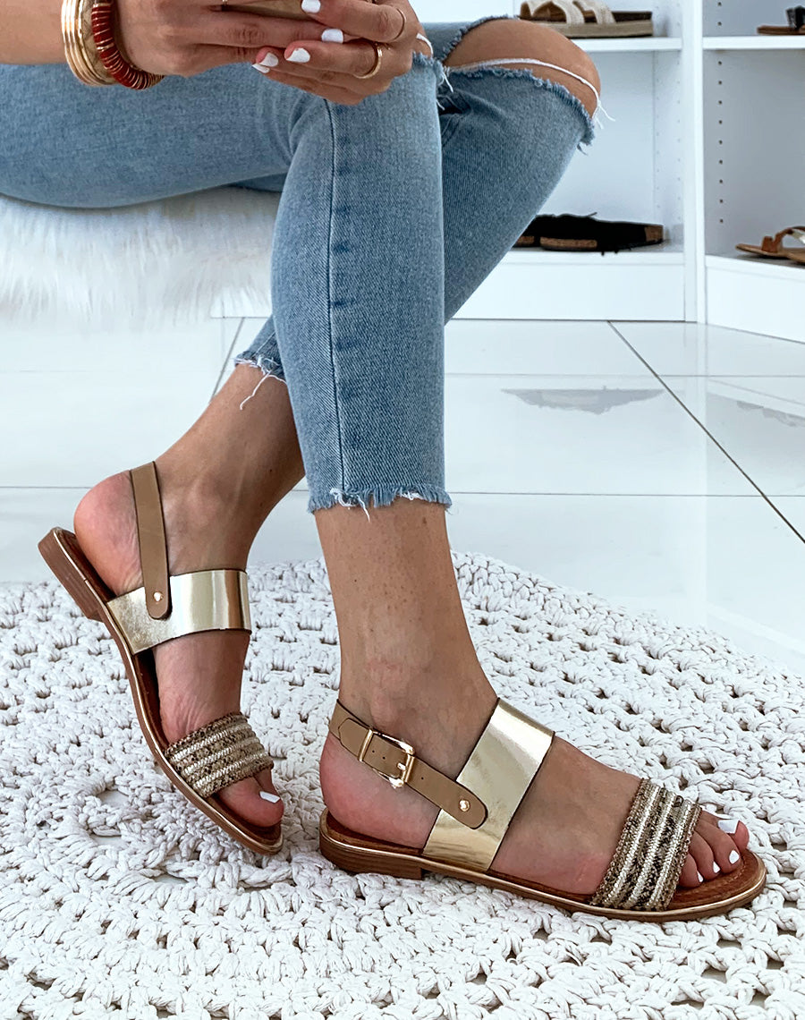 Sandales camel avec grosse bride dorée