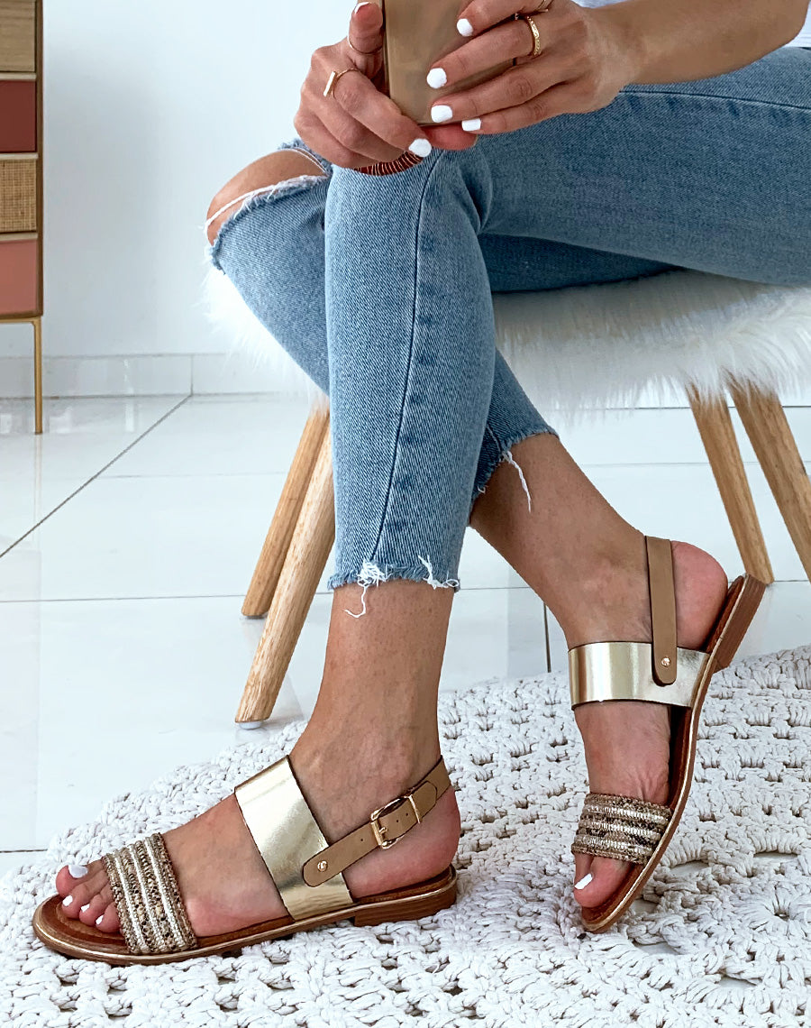 Sandales camel avec grosse bride dorée