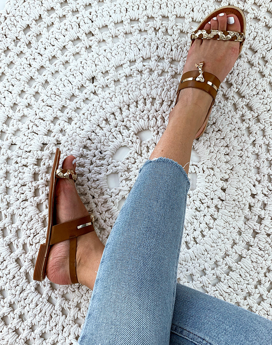 Sandales camel à bride bicolore tressée et bride fantaisiste