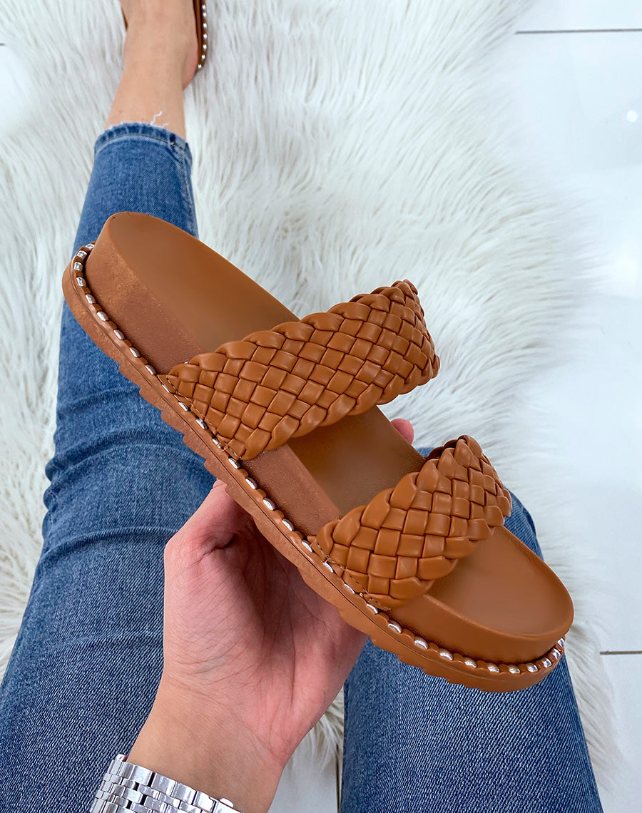 Sandales camel à doubles brides tressées