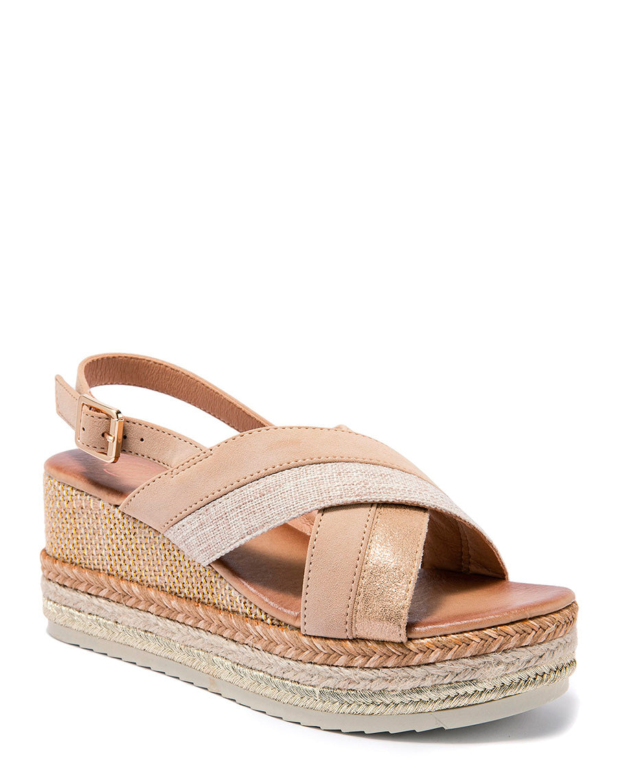 Sandales compensées beiges à brides croisées en tweed et semelle décorée