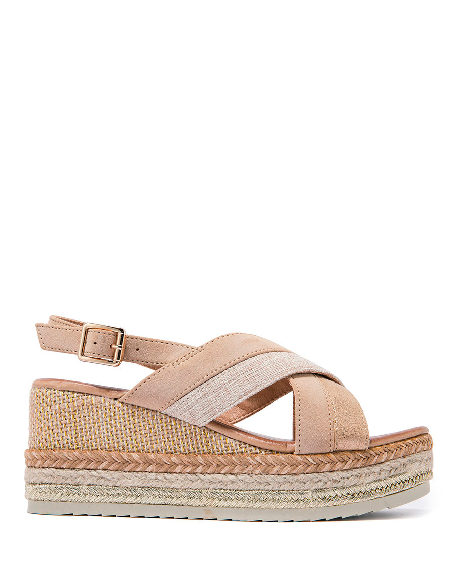 Sandales compensées beiges à brides croisées en tweed et semelle décorée