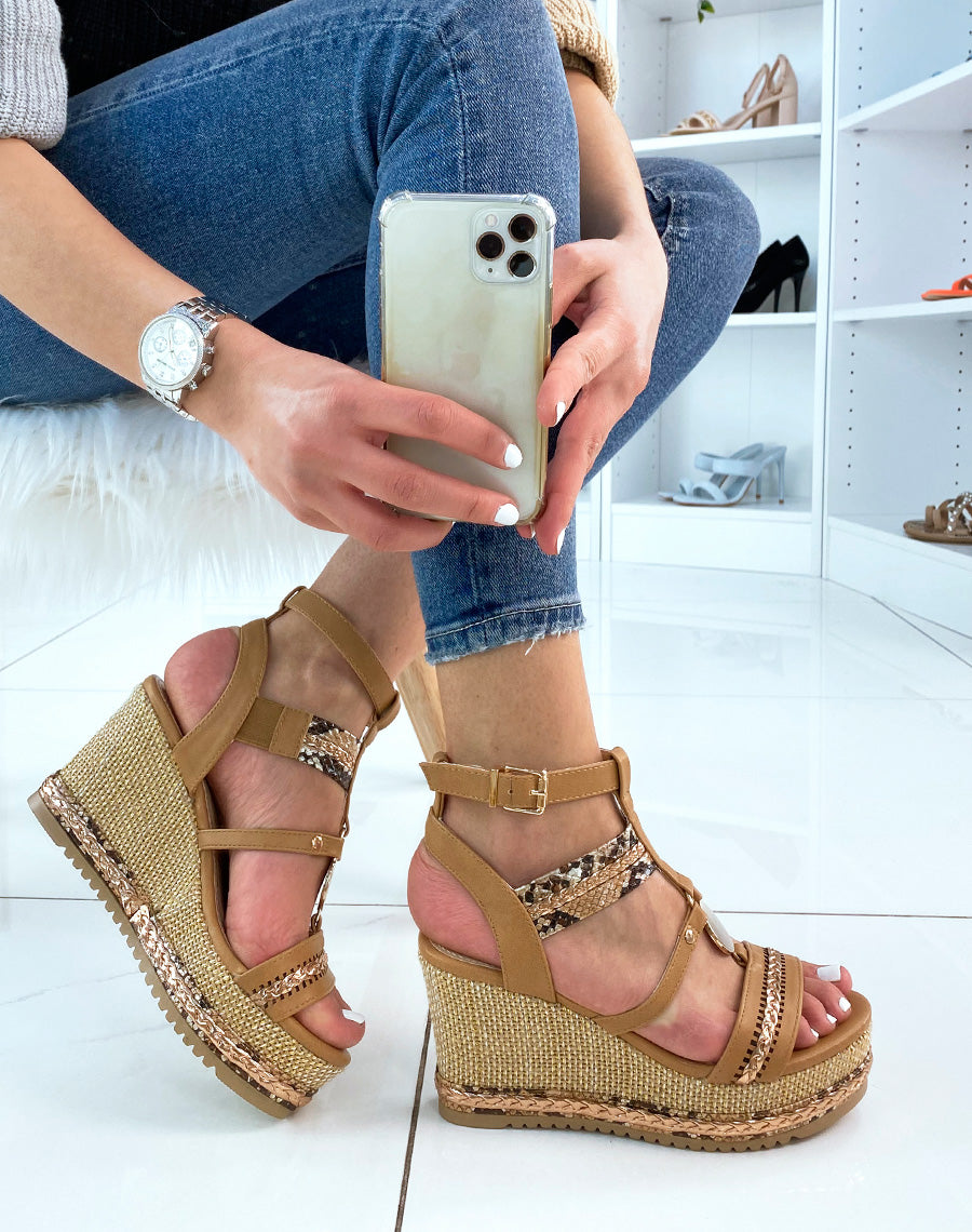 Sandales compensées camel et rose gold