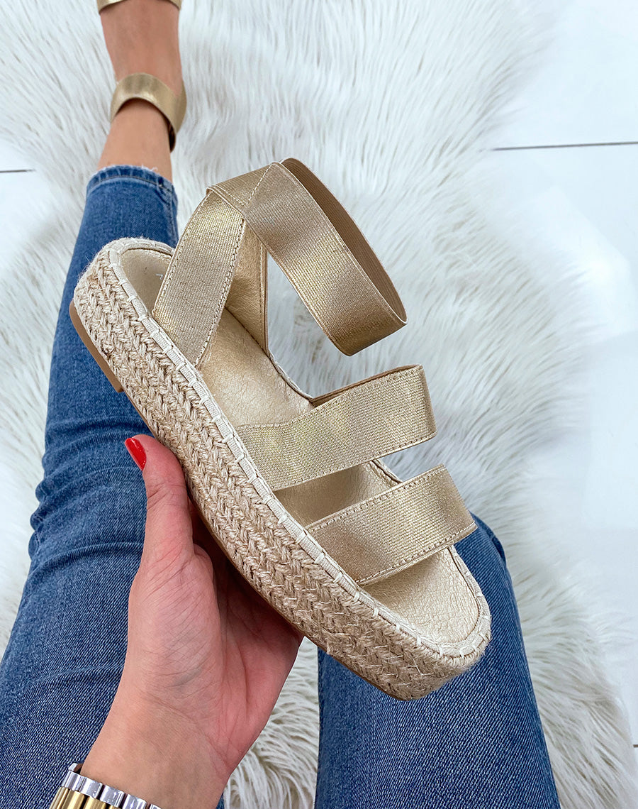 Sandales compensées dorés à brides élastiques