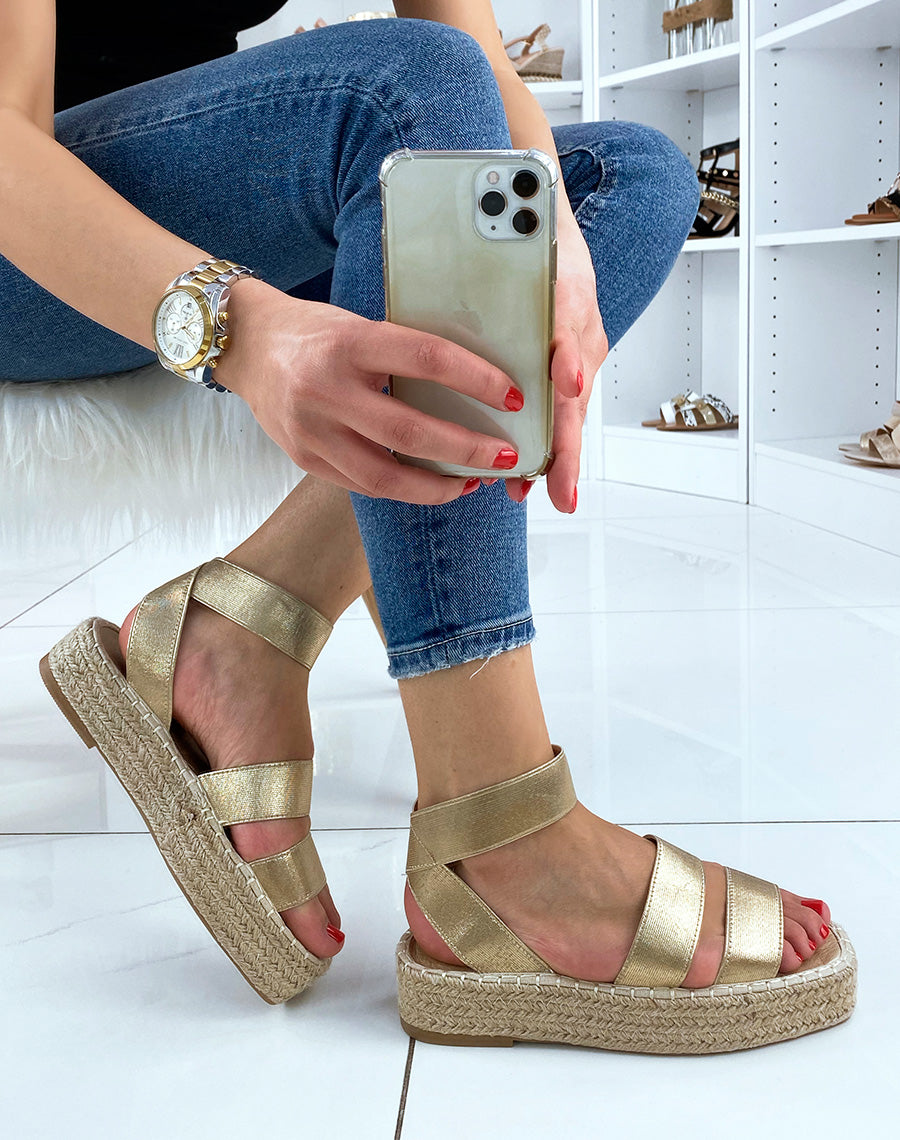 Sandales compensées dorés à brides élastiques