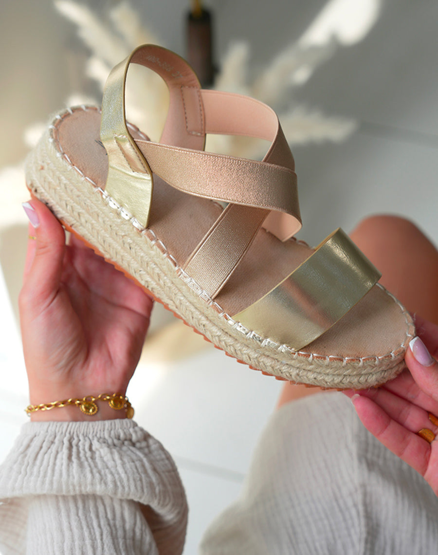 Sandales Compensées Femme Dorées Bi-matière - Style et Confort