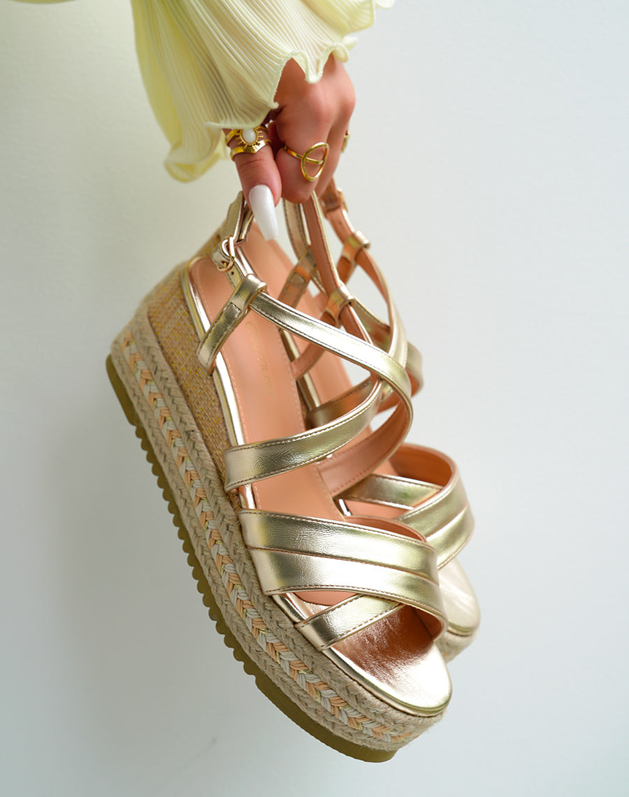 Sandales compensées femme dorées à bride entrecroisée et lanière ajustable