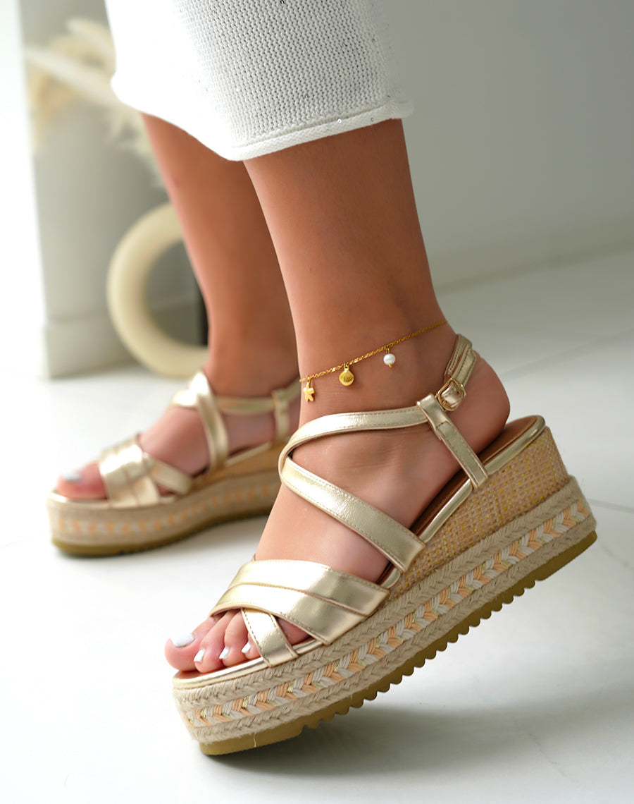 Sandales compensées femme dorées à bride entrecroisée et lanière ajustable