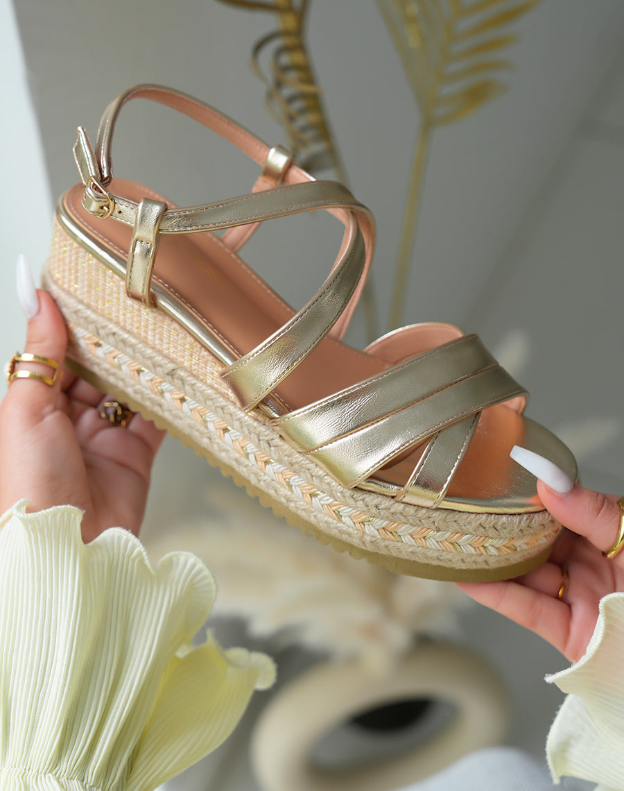 Sandales compensées femme dorées à bride entrecroisée et lanière ajustable
