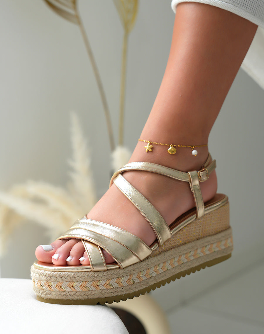Sandales compensées femme dorées à bride entrecroisée et lanière ajustable