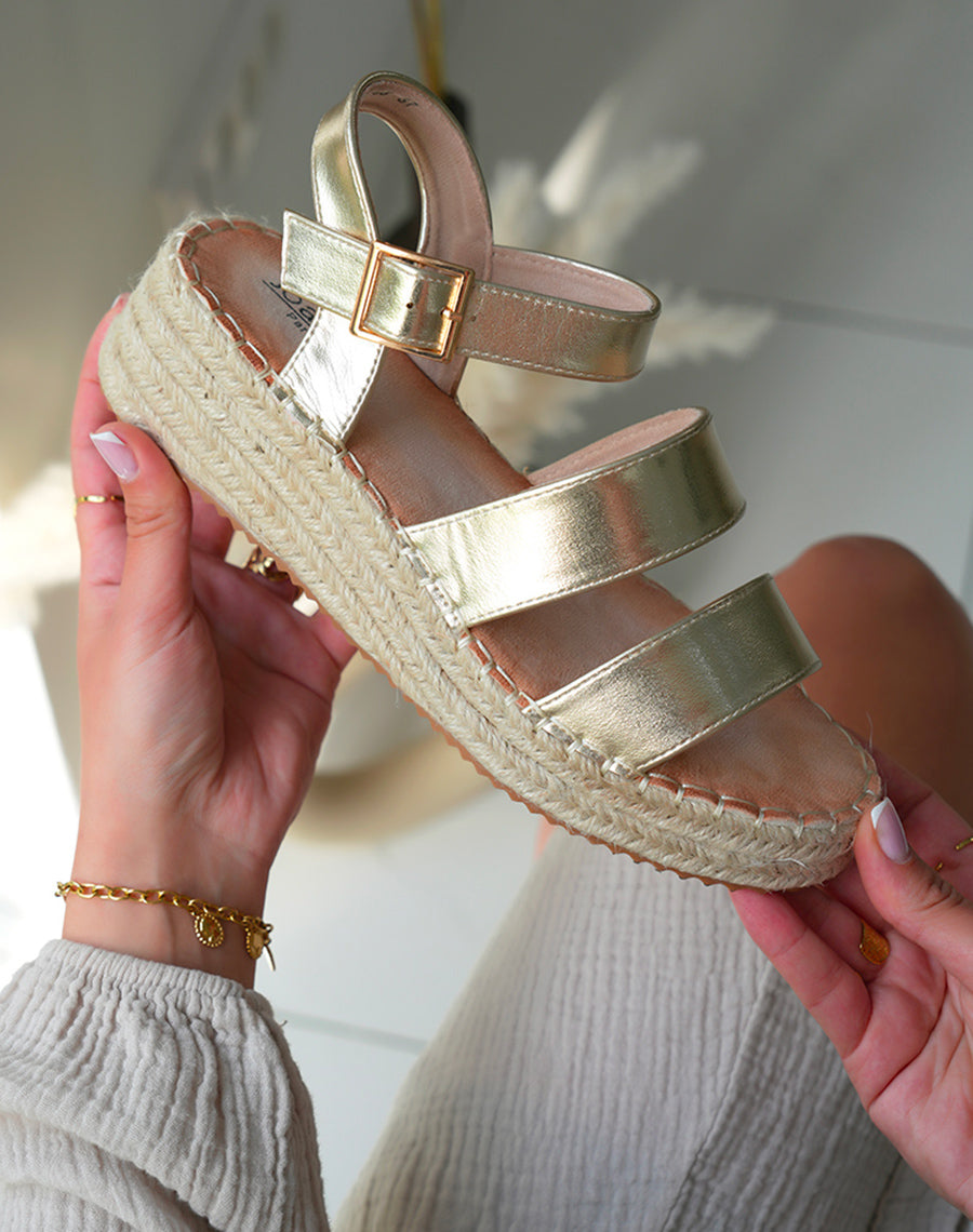 Sandales Compensées Femme en Doré Éclatant avec Lanières et Détail Corde
