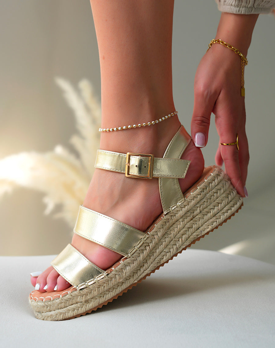 Sandales Compensées Femme en Doré Éclatant avec Lanières et Détail Corde